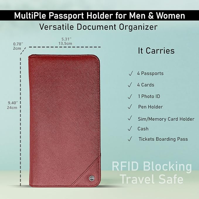 Family 4 Passport Holder - Travel Wallet RFID Blocking, Document Organizer, Essentials Plane Accessory Cover for Women Men (Red) - Image 3