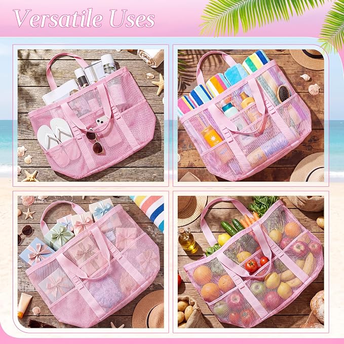 Hillban Large Beach Mesh Bags Bulk for Women Beach Tote Bag with 8 Pocket Zipper Waterproof Sandproof for Pool Cruise Ship - Image 6