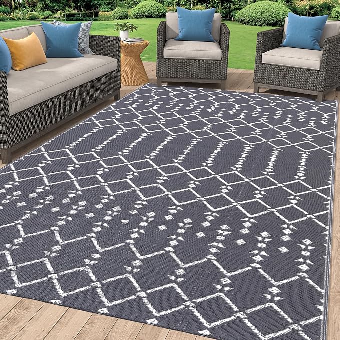 Smiry Outdoor Rug 8x10 ft, Waterproof Reversible Plastic Straw Rugs, Boho Outdoor Area Rug, Outside Floor Mat for Patio, Backyard, Deck, Picnic, Beach, Camping, Grey by Smiry