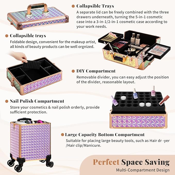 AROUS 5 in 1 Rolling Makeup Train Case with Lid Cosmetology Case on Wheels | Large Cosmetic Trolley Organizer with Keys Salon Barber Case Traveling Cart Trunk for Artist Hairstylists Nail Tech, Colorful - Image 7