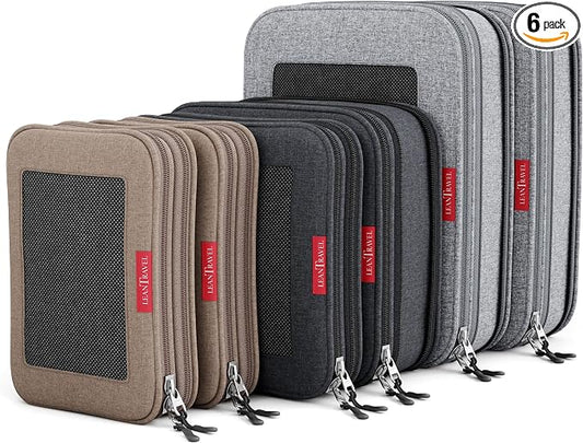 LeanTravel Premium Compression Packing Cubes for Travel - Suitcase Organizer Bags with Double Zipper & Breathable Mesh Panel - Space Saving Carry On Luggage Essentials (6-Pack, Grey, Black, Brown) by LeanTravel