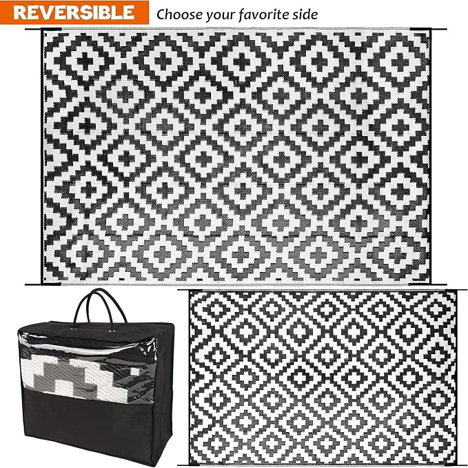 Outdoor Rugs, Outdoor Plastic Straw Rug, Reversible Waterproof Carpet for Camping, Poolside, Garden, BBQ Area, Gazebo Flooring, RV Park & Beach, Square Pattern, Black & White, 5'x8' - Image 3