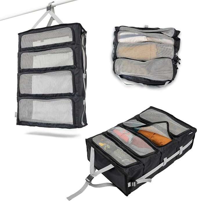 Hanging Suitcase Organizer – Instant Travel Closet with Built-In Compression | 4-Compartment Wardrobe Packing Cubes for Carry-On & Checked Luggage | Travel Essentials for Men & Women by Amogie
