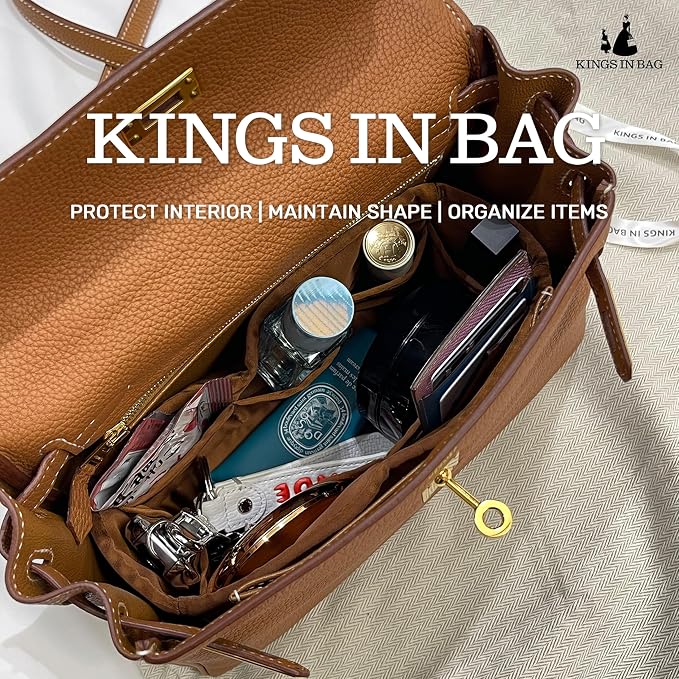 Women's Purse Organizer Insert - Satin & Lightweight Fabric with Inside Pockets, Portable for Commute, Travel, Shopping, and Evening, Multicolor Options, Fits for Kelly 25(Gold, KL25 Sellier) - Image 3