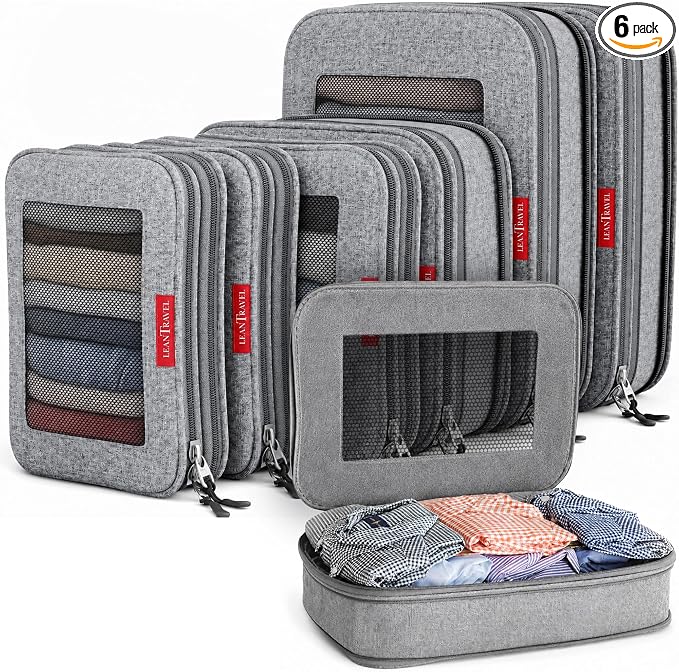 LeanTravel Premium Compression Packing Cubes for Travel - Suitcase Organizer Bags with Double Zipper & Breathable Mesh Panel - Space Saving Carry On Luggage Essentials (6-Pack, Grey) by LeanTravel