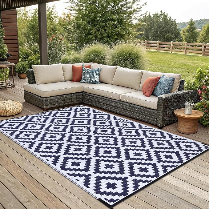 Smiry Waterproof Outdoor Rug 6x9 ft, Reversible Plastic Straw Patio Camping Rugs, Outdoor Indoor RV Mat Carpet for Patio, Outside Entry, Backyard, Deck, Bench, Picnic, Camper, White & Navy - Image 7