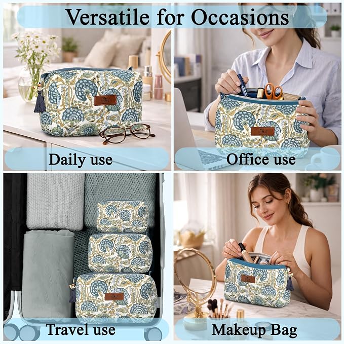 Ridhi Asparagus Green Hand Block Printed Floral Toiletry Bag For Women 100% Cotton Quilted Set of 3 Waterproof Inner Lining, Cosmetic Jewelry Organizer, Travel Pouch, Essential Storage Purse Gifts - Image 5