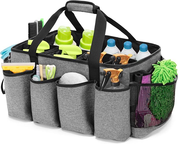 HODRANT Extra-Large Cleaning Caddy with Handles & Multi Pockets | Large Capacity Tote Bag for Cleaning Tools & Products Storage, Cleaner Organizer for Car, Home & Housekeeping Work, Gray by HODRANT