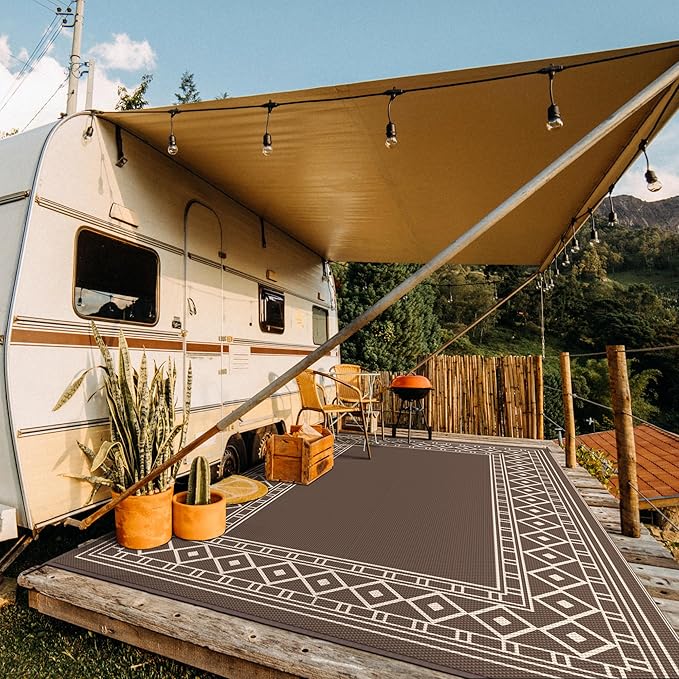 GENIMO Outdoor Rug, Waterproof Plastic Rugs 10'x14' for Camping Coffee Beige - Image 2