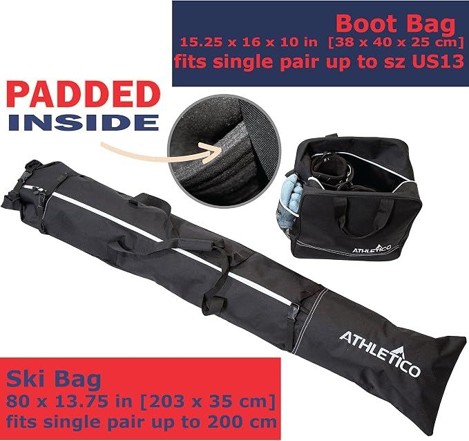 Athletico Ski & Boot Bag Combo | Store Skis Up to 200 CM & Boots Up To Size 13 | Includes 2 Padded Bags - Image 2