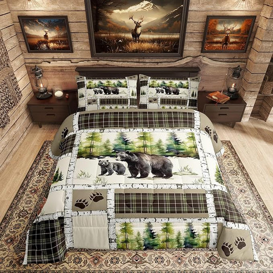 Erosebridal Bear Comforter Set Rustic Hunting Animal Bedding Set Queen Farmhouse Jungle Quilt Set Plaid Lattice Patchwork Artwork Duvet Insert with 2 Pillowcases Cabin Gift Microfiber Cozy by Erosebridal
