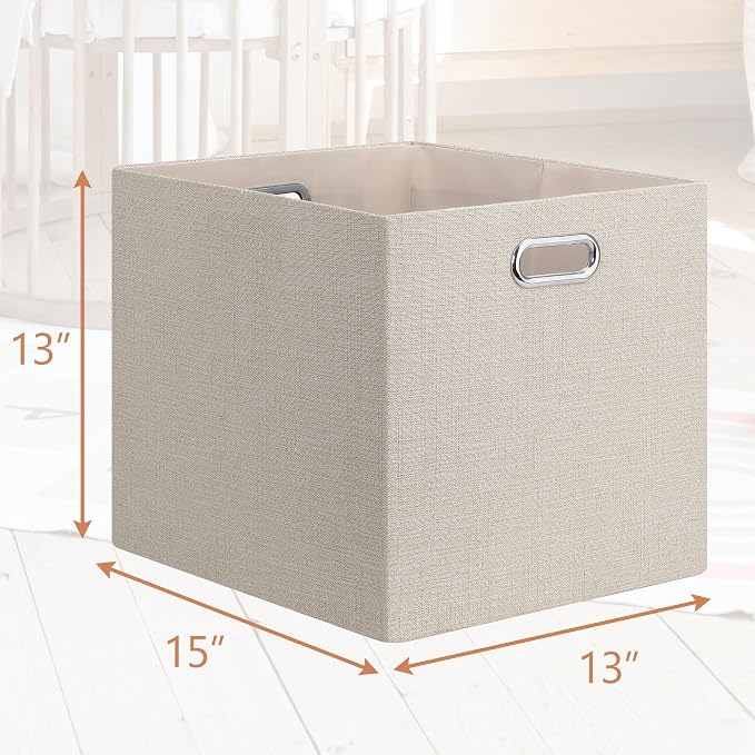 Posprica 13x15x13in Collapsible Storage Bins, Fabric Foldable Cube Storage Boxes, Decorative Storage Baskets Organizer for IKEA Kallax, Shelves, Closet, Clothes, Set of 4-Beige - Image 2