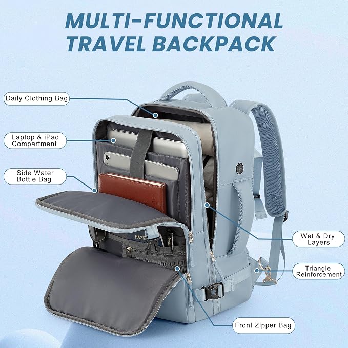Sinaliy Travel Backpack, TSA Carry on Flight Approved Backpack | Waterproof 17.3 Inch Laptop Backpack with Multi-Pockets, Personal Item Travel Bag for Work, College, Business, Light Blue - Image 4