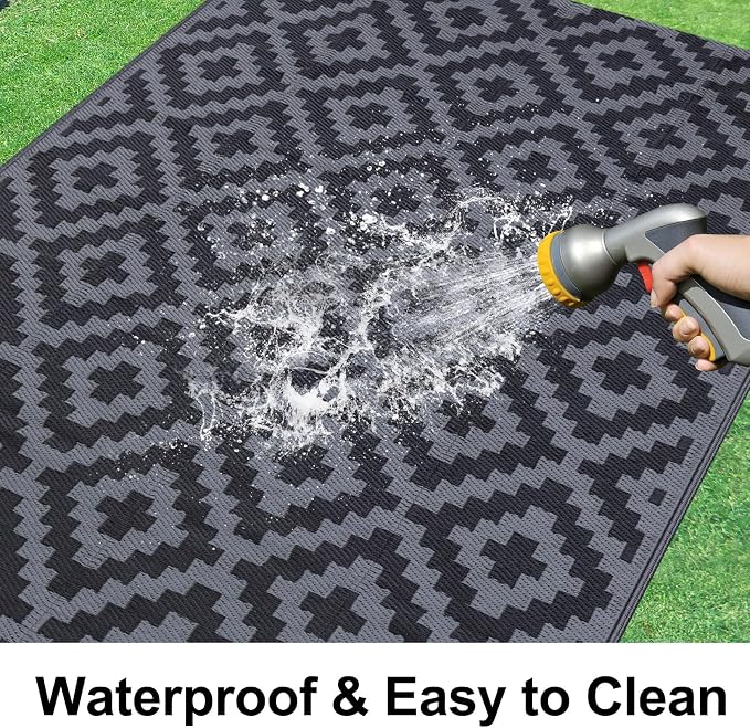 Smiry Waterproof Outdoor Rug 9x12 ft, Reversible Plastic Straw Patio Camping Rugs, Outdoor Indoor RV Mat Carpet for Patio, Outside Entry, Backyard, Deck, Bench, Picnic, Camper, Black & Grey - Image 2