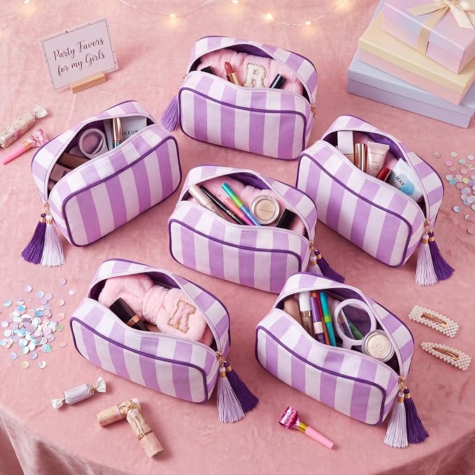 Kacctyen 6 Pack Lavender Purple and White Striped Makeup Bag bulk with Tassel Travel Cosmetic Pouch Organizer Large Zipper Toiletry Case for Women Aesthetic Storage Pouch Mahjong Tile Bag - Image 4
