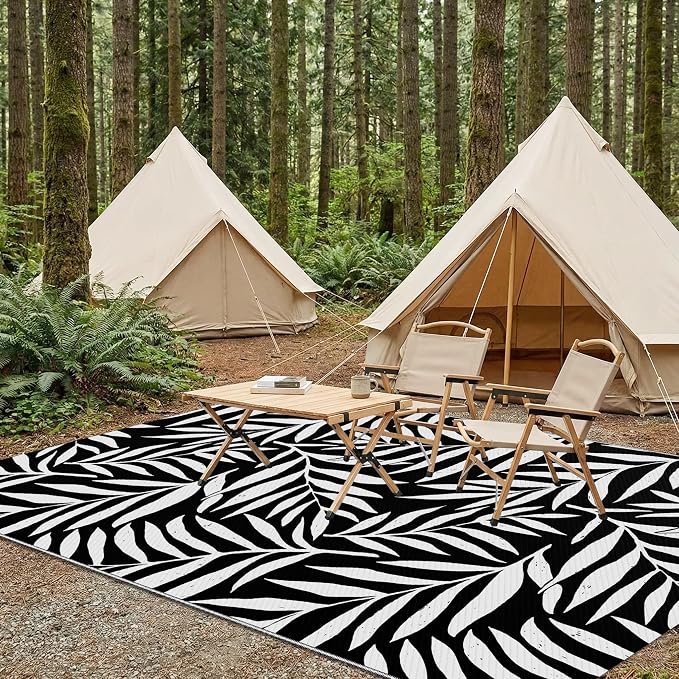 Smiry Outdoor Rug 5x8 ft, Waterproof Reversible Plastic Straw Rugs, Outdoor Area Rug with Leaf Pattern, Outside Floor Mat for Patio, Backyard, Deck, Picnic, Beach, Camping, Black & White - Image 7
