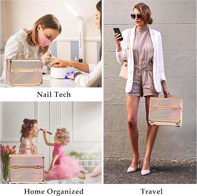 Makeup Case Organizer,Makeup Train Case, Trays Cosmetic Box Portable, Profesional for Salon Barber, Colorful Pink - Image 6