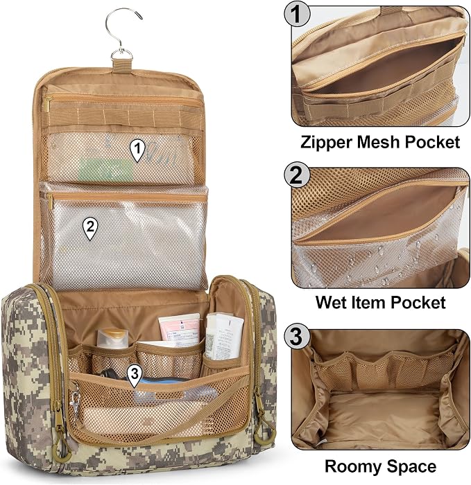 Tactical Toiletry Travel Bag for Men, Hanging Dopp Kit Hygiene Bag Shower Organizer with Hook for Toiletries and Shaving Care, Desert Yellow (Empty Bag) - Image 2