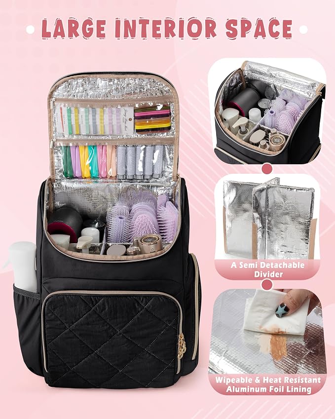 Marscamd Insulated Hairstylist Travel Bag Backpack with Detachable Dividers and Multiple Pockets, Quilted Hair Tool Travel Bag with Multiple Pockets for Hairstylist and Barber, Black - Image 2