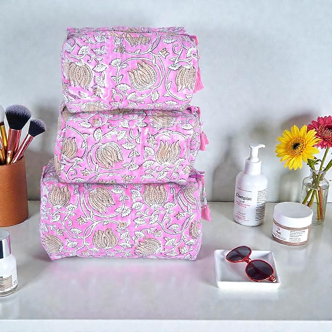 Quilted Floral Block Print Makeup Bag Set of 3 – Cotton Travel Toiletry and Makeup Organizer, Cosmetic Pouch, Toiletry Bag for Women, Cute Boho Coquette Make Up Bags for Women (Small, Medium, Large) - Image 7