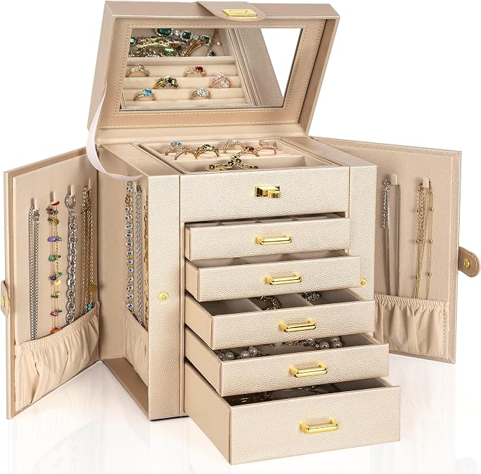 AKOZLIN 6-Tier Jewelry Box Organizer Functional 5 Drawers Leather Jewelry Storage Case for Women Girls Ring Necklace Earring Bracelet Holder Organizer with Mirror Champagne Regular by AKOZLIN