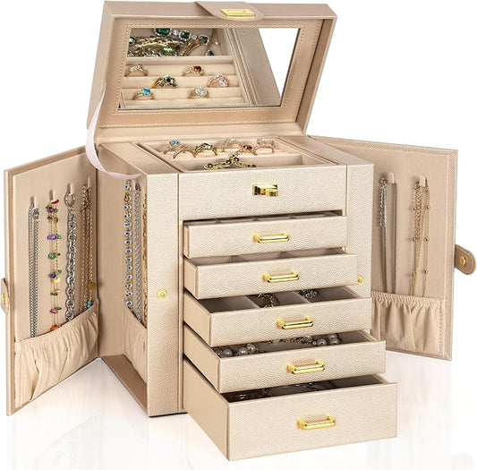 AKOZLIN 6-Tier Jewelry Box Organizer Functional 5 Drawers Leather Jewelry Storage Case for Women Girls Ring Necklace Earring Bracelet Holder Organizer with Mirror Champagne Regular by AKOZLIN