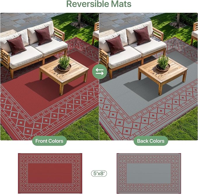 GENIMO Outdoor Rug, Waterproof Plastic Rugs for Patio, 5'x8' Red Grey | Outside Larger Modern Carpet Mat for Porch Decor, Deck, Balcony, Camping, RV, Backyard, Picnic, Beach, Reversible - Image 4