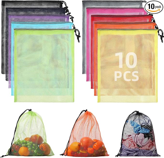 10Pcs Multicolor Mesh Drawstring Bags: Nylon Mesh Laundry Gym Travel Beach Bags with Locking Closure by Elevateyourspacewithstorageoptions