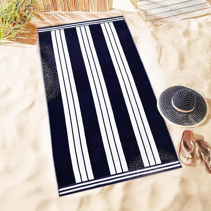 Superior Oversized Cotton Beach Towel Set of 2, Absorbent Towels for Bathroom, Pool, Swim, Adults, Kids, Vacation, Travel, Bath Sheet, Quick Dry Basics, Trip Essentials, Striped Decor, Blue - Image 8