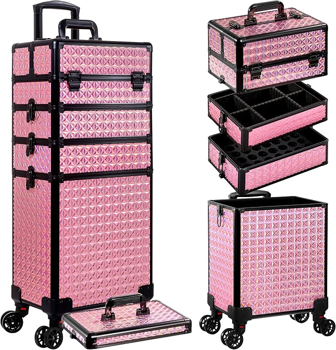 AROUS 5 in 1 Rolling Makeup Train Case with Lid Cosmetology Case on Wheels | Large Cosmetic Trolley Organizer with Keys Salon Barber Case Traveling Cart Trunk for Artist Hairstylists Nail Tech, Pink by Unknown
