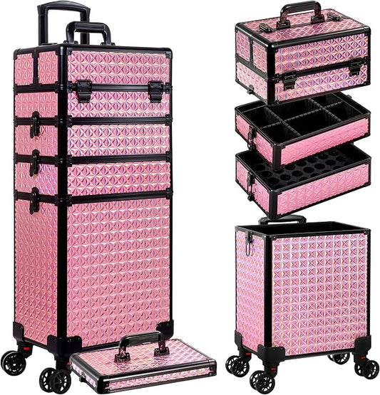 AROUS 5 in 1 Rolling Makeup Train Case with Lid Cosmetology Case on Wheels | Large Cosmetic Trolley Organizer with Keys Salon Barber Case Traveling Cart Trunk for Artist Hairstylists Nail Tech, Pink by Unknown