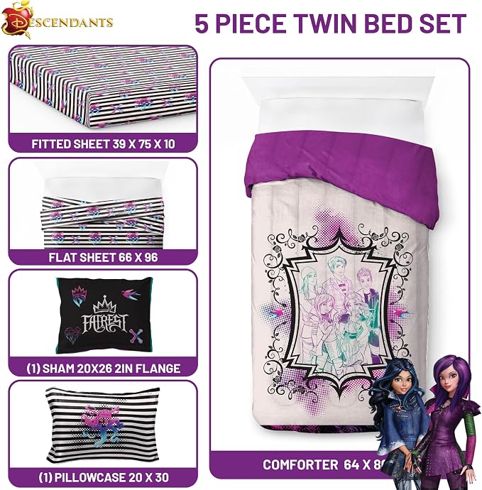 Jay Franco Kids Comforter Set Includes Sheets and Pillow Cover - Soft and Cozy Bed Set for Stylish Room Décor, Multi - Descendants, 5 Piece Twin - Image 3