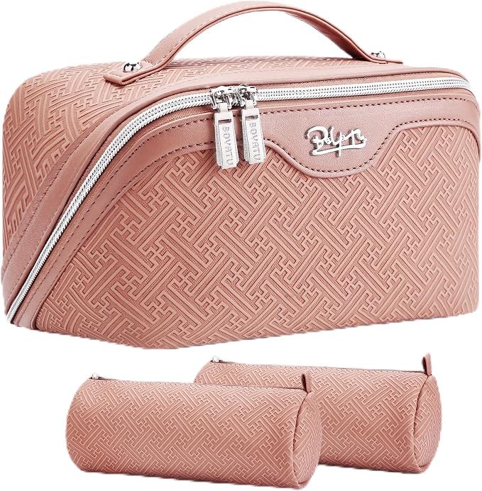 BOYATU Travel Makeup Bags for Women: Vintage Roman Column Texture | Each Journey, Quiet Luxury Serenity - 3 Pcs Set Large Capacity Cosmetic Bag Organizer Toiletry Purse(Pink) by BOYATU