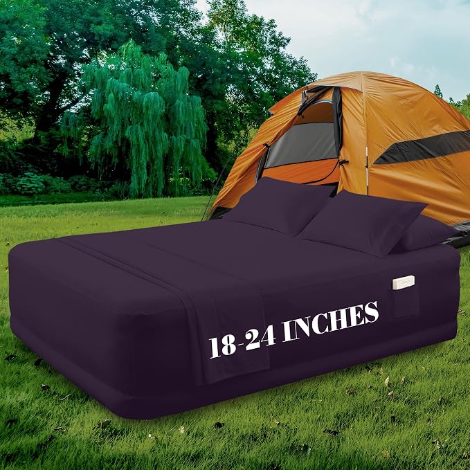 Mocassi 4-Piece Extra Deep Pocket 16-24 Inch Air Mattress Bed Sheet Set- 4PC Sheet Set with Smart Pockets Ideal for Air Beds, RVs, Camping and Guest Rooms Premium Hotel Quality, Cal King, Purple - Image 6