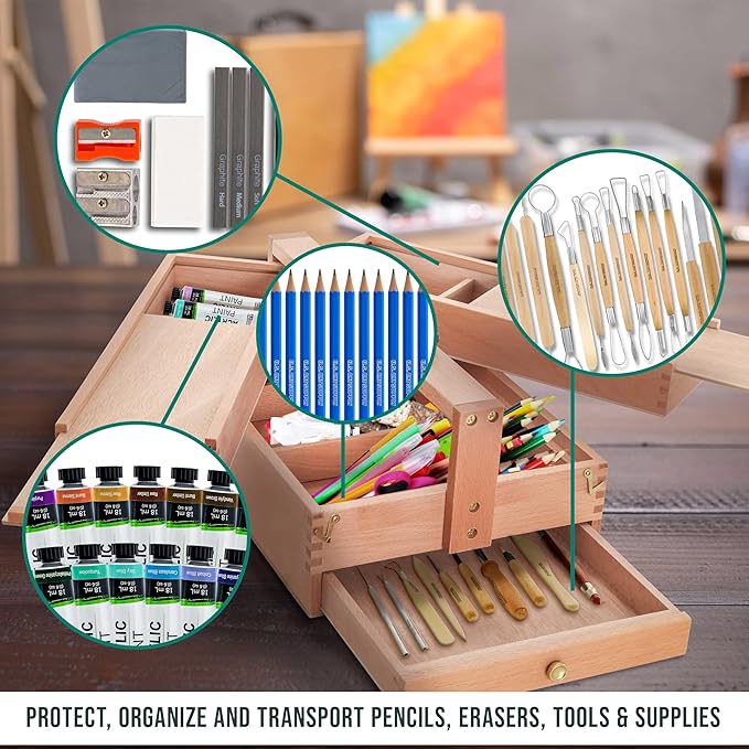 U.S. Art Supply Multi-Function Artist Tool Supply Box with Locking Clasps & Tool Storage Box - Wooden Art Box for Artist Supplies, Brushes, Pencils, Erasers, Tool Storage Organizer Case - Image 6