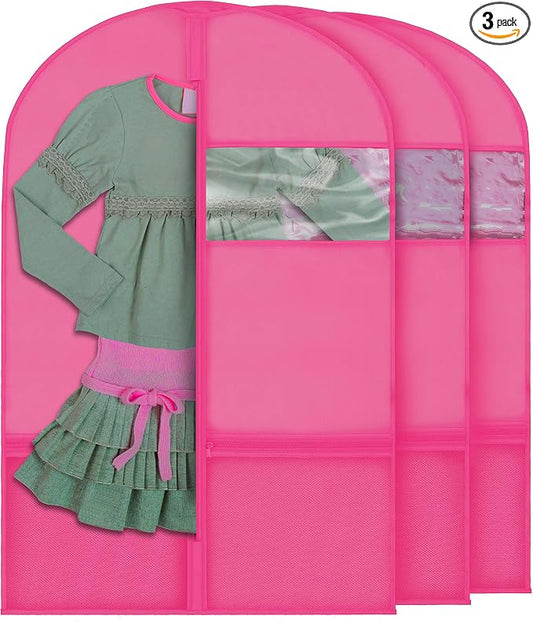 Plixio Garment Bags for Kids Dance Costumes with, Pink: 36" x 23" Window | Zippered Mesh Pockets for Shoes and Accessory Storage for Girls Dress, Recital Outfit with Zippered Mesh Pockets by Plixio