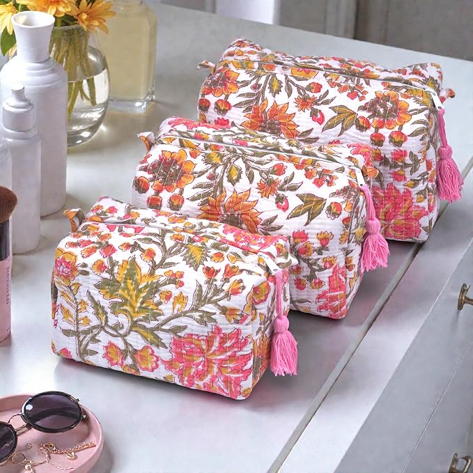 Quilted Floral Block Print Makeup Bag Set of 3 – Cotton Travel Toiletry and Makeup Organizer, Cosmetic Pouch, Toiletry Bag for Women, Cute Boho Coquette Make Up Bags for Women (Small, Medium, Large) - Image 7