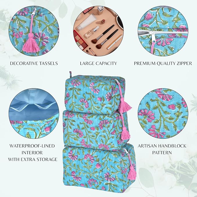 Quilted Floral Block Print Makeup Bag Set of 3 – Cotton Travel Toiletry and Makeup Organizer, Cosmetic Pouch, Toiletry Bag for Women, Cute Boho Coquette Make Up Bags for Women (Small, Medium, Large) - Image 4