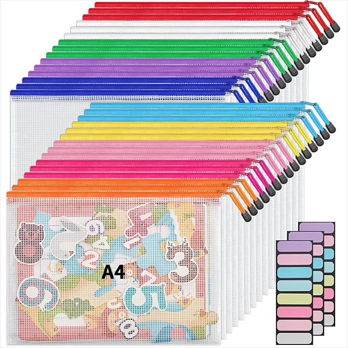 JARLINK A4 Letter Size 30 Pack 10 Colors Zipper Mesh Document Pouch, Mesh Bags for Board Games & Puzzles, Waterproof Document Zipper Pouches for Office School Supplies, Toys, Cosmetics Travel Storage by JARLINK