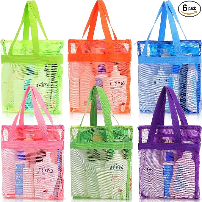 6 Pcs Mesh Beach Bags Bulk Portable Mesh Shower Caddy Bags with Zipper & 2 Pockets Hanging Toiletry and Bath Organizer for Beach Gym Camp Swimming Travel College Dorms (Fluorescent Color) by Yeyeplum