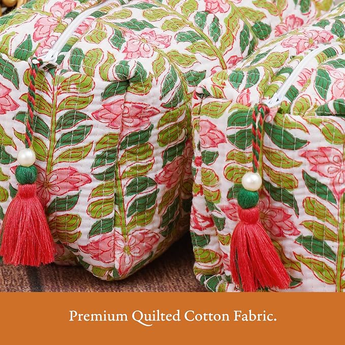 Saffron Marigold Quilted Makeup Bag Set of 3, Hand Block Printed Cotton Cosmetic Bags for Women, Waterproof Lined Travel Toiletry Bag, Coquette Aesthetic, Handmade Gift, Madagascar Periwinkle Vanilla - Image 6