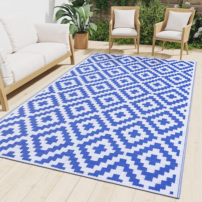 Smiry Waterproof Outdoor Rug 4x6 ft, Reversible Plastic Straw Patio Camping Rugs, Outdoor Indoor RV Mat Carpet for Patio, Outside Entry, Backyard, Deck, Bench, Picnic, Camper, White & Blue by Smiry