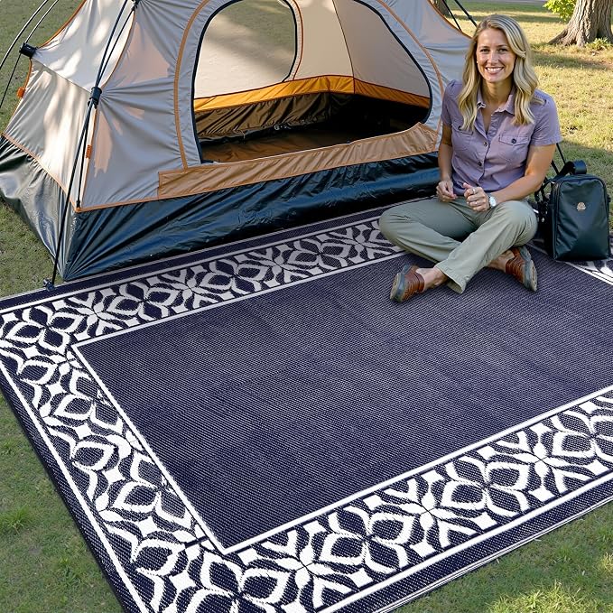 PureCozy Outdoor Plastic Straw Rug Navy Blue Large Outside Waterproof Outdoor Patio 6x9 Carpet Geometric Reversible Mat Modern for Camping RV Porch Deck Balcony Beach - Image 2