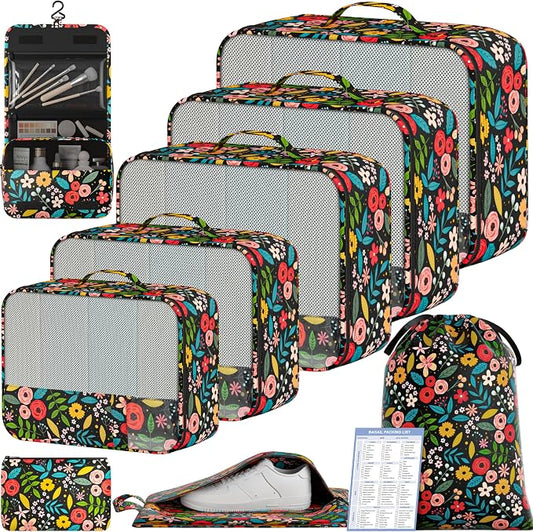 BAGAIL 9 Set Packing Cubes with Packing List Luggage Packing Organizers for Travel Accessories (Black floral) by BAGAIL