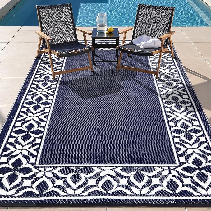PureCozy Outdoor Plastic Straw Rug Navy Blue Large Outside Waterproof Outdoor Patio 6x9 Carpet Geometric Reversible Mat Modern for Camping RV Porch Deck Balcony Beach - Image 5