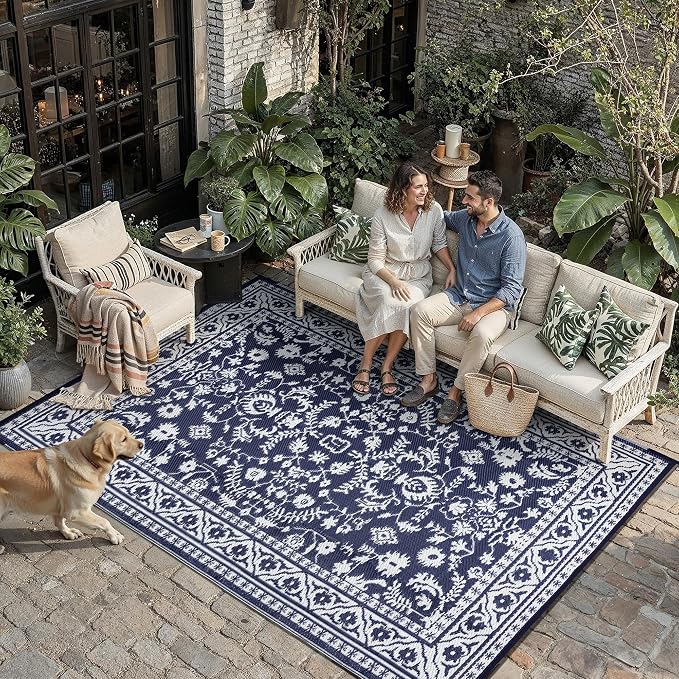 PureCozy Outdoor Waterproof 9x12 Plastic Straw Patio Rug Navy Blue Reversible for Outside Vintage Oriental Carpet Lightweight Large Rug for RV Deck Beach Balcony Picnic Backyard Entry Porch - Image 3
