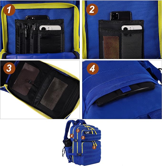 LHI Military Tactical Backpack for Men and Women 45L Army 3 Days Assault Pack Bag Large Rucksack with Molle System - Blue with yellow zipper - Image 6