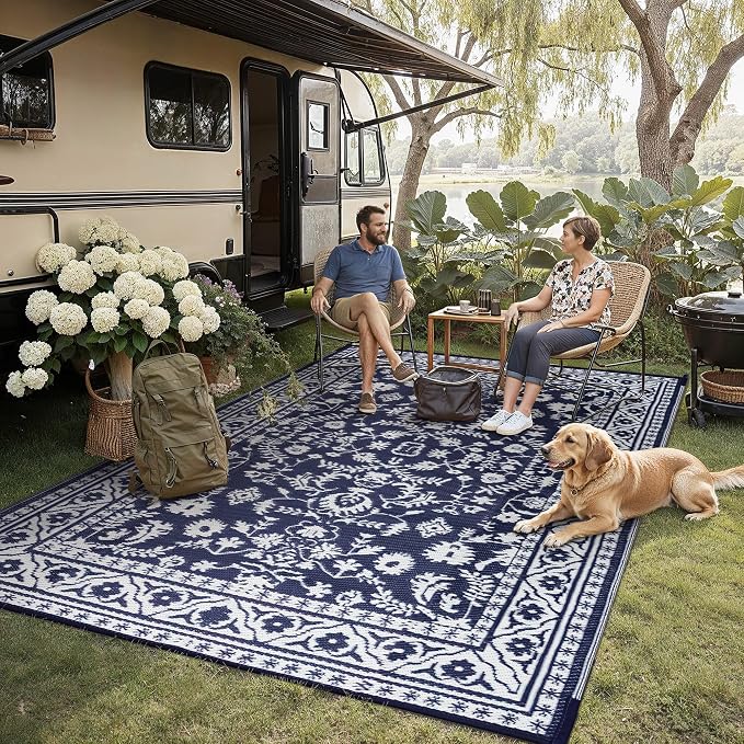 PureCozy Outdoor Waterproof 9x12 Plastic Straw Patio Rug Navy Blue Reversible for Outside Vintage Oriental Carpet Lightweight Large Rug for RV Deck Beach Balcony Picnic Backyard Entry Porch by PureCozy