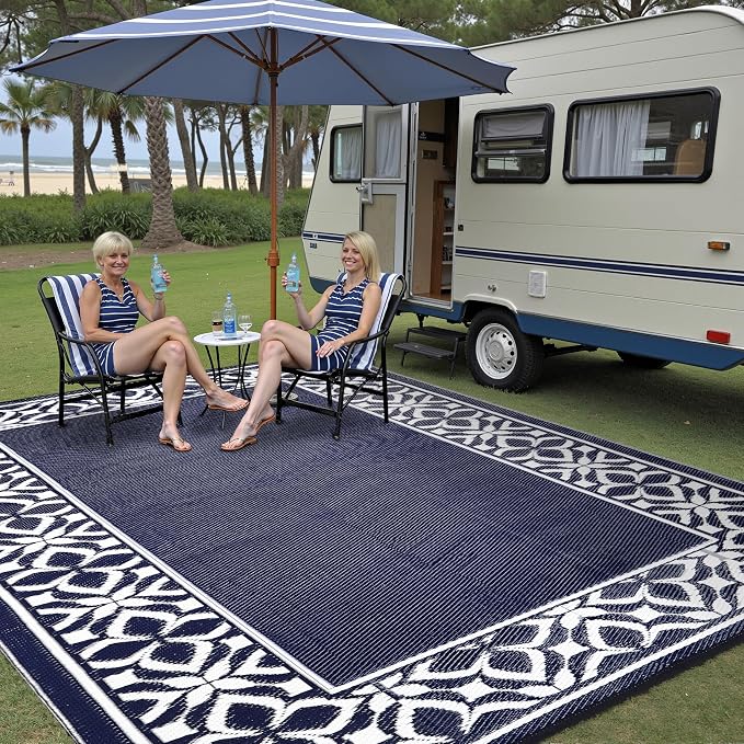 PureCozy Outdoor Plastic Straw Rug Navy Blue Large Outside Waterproof Outdoor Patio 6x9 Carpet Geometric Reversible Mat Modern for Camping RV Porch Deck Balcony Beach - Image 9