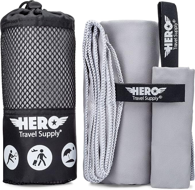 Hero Microfiber Towel, Camping, Beach, Gym, Includes Bonus Washcloth (Grey, 24" x 48") by HeroTravelSupply